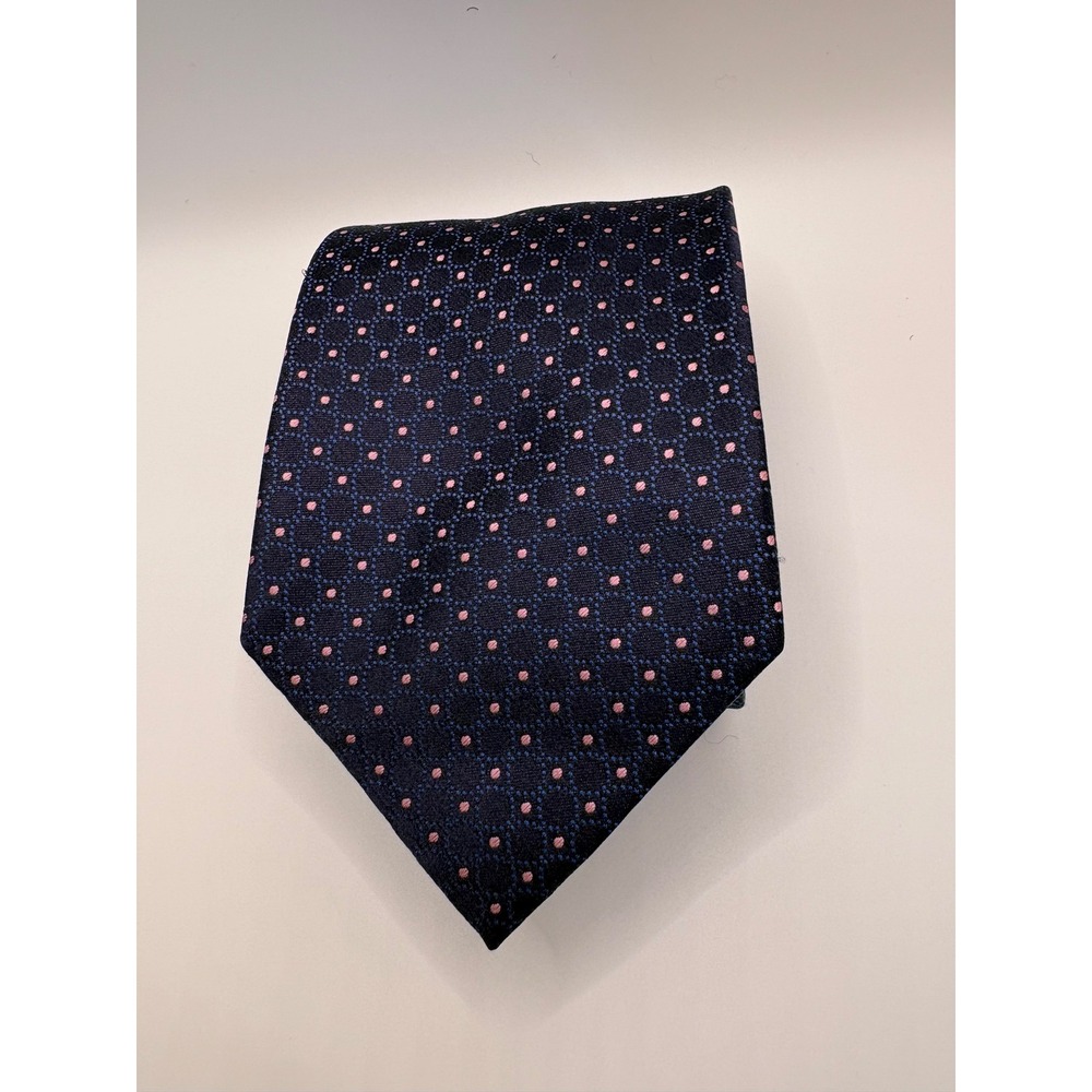 Jos. A. Bank Mens XL Silk Necktie Navy Blue Pink Geometric Dot Pattern
